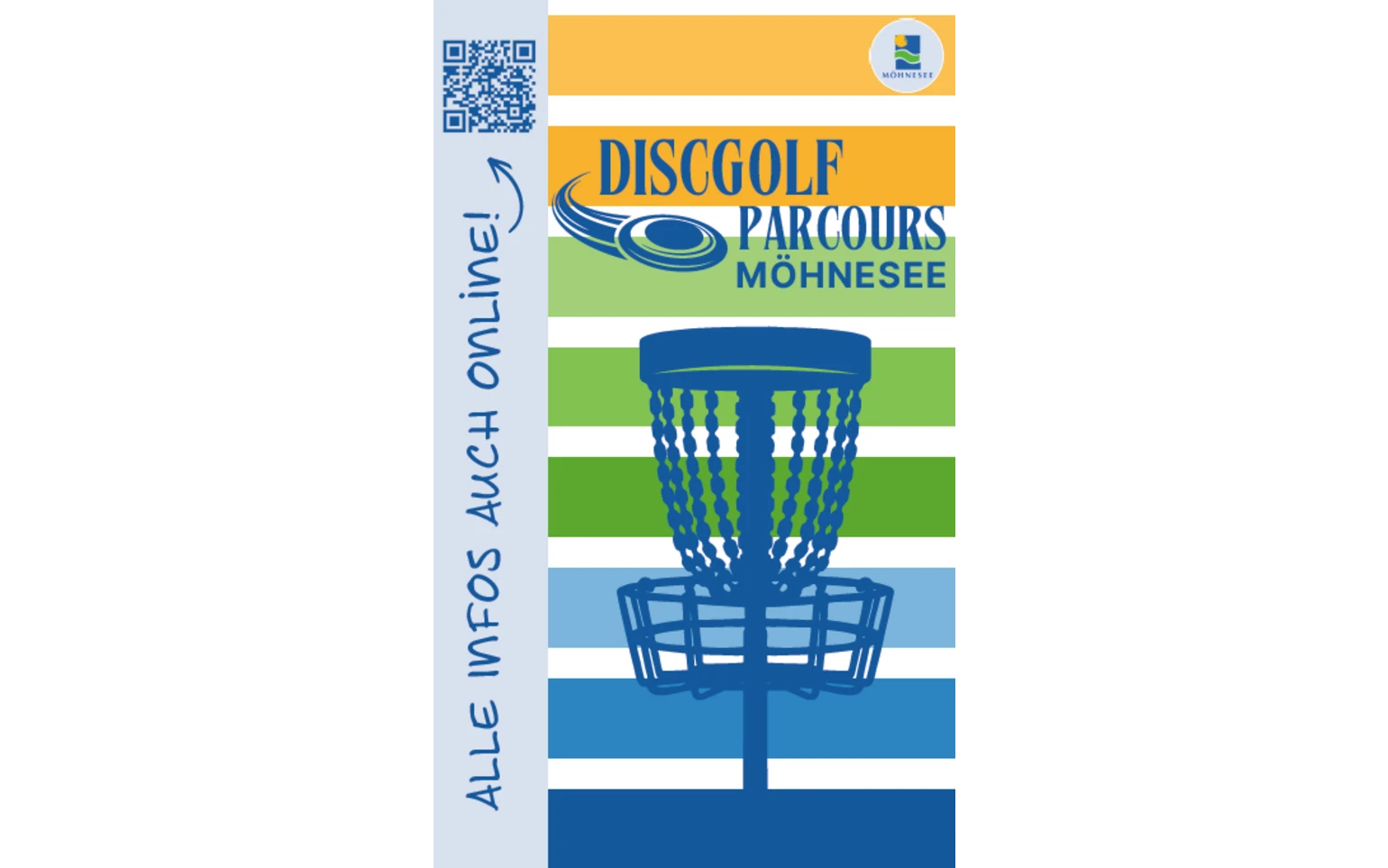 Werbeplakat Discgolf-Parcours Möhnesee mit Discgolf-Korb-Silhouette und Hinweis auf Online-Infos