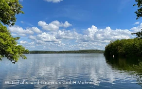 Ruhige Seelandschaft mit Bäumen und Wolkenspiegelung im Wasser.