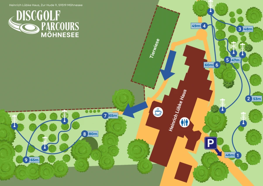 Lageplan des Discgolf-Parcours M&ouml;hnesee mit eingezeichneten Bahnen und Wegf&uuml;hrung